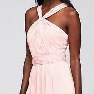 David's Bridal Y-Neck Long Mesh Dress Size 2 Bridesmaid - Petal Pink Color